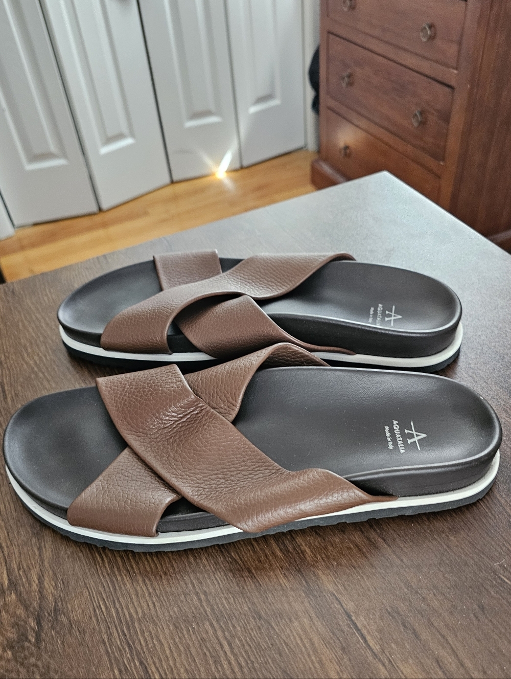 Aquatalia Men's Brown Crisscross Slide Sandals with Black Footbed - ITALY. 11.